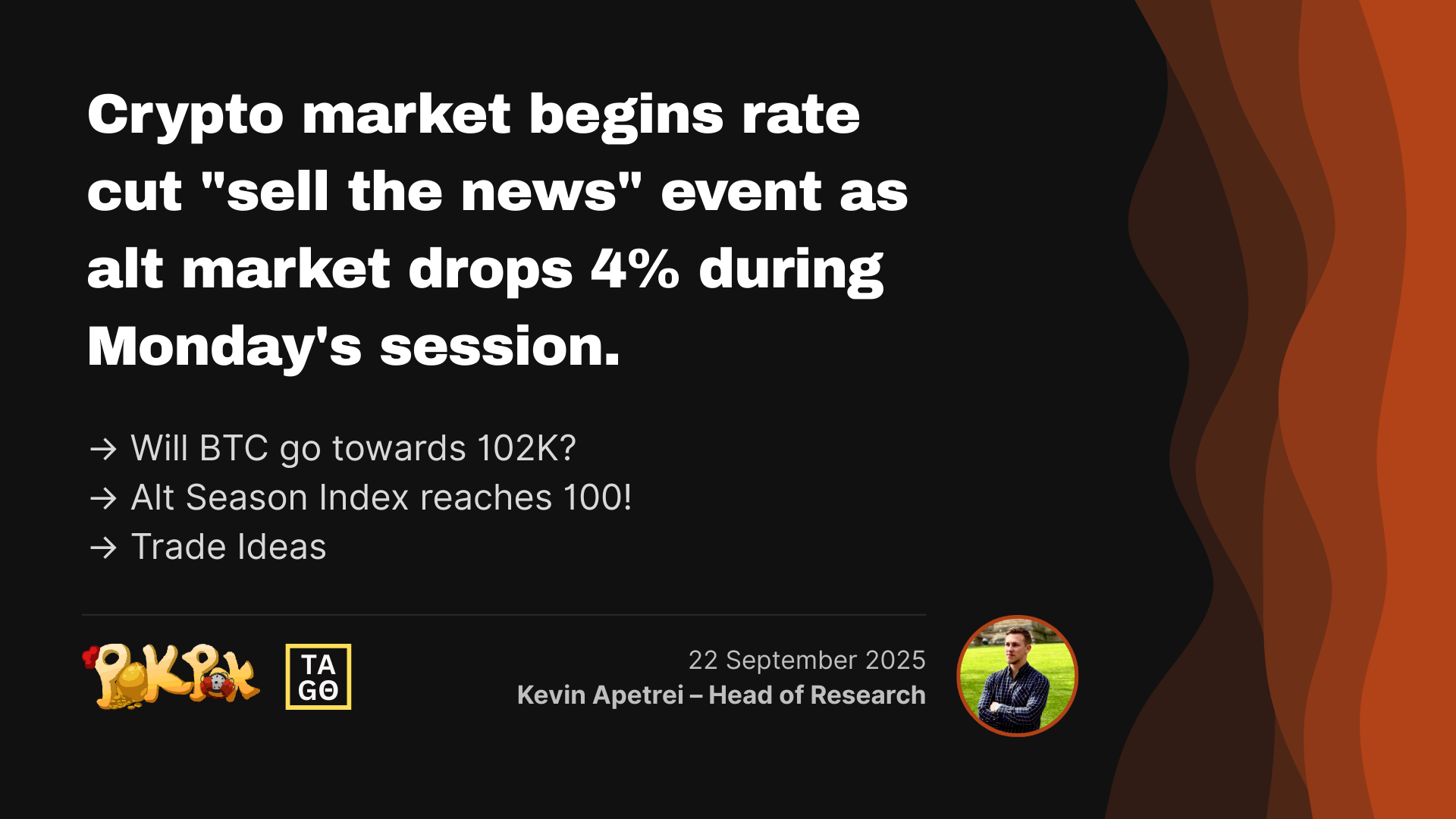Crypto market begins rate cut "sell the news" event as alt market drops 4% during Monday's session.